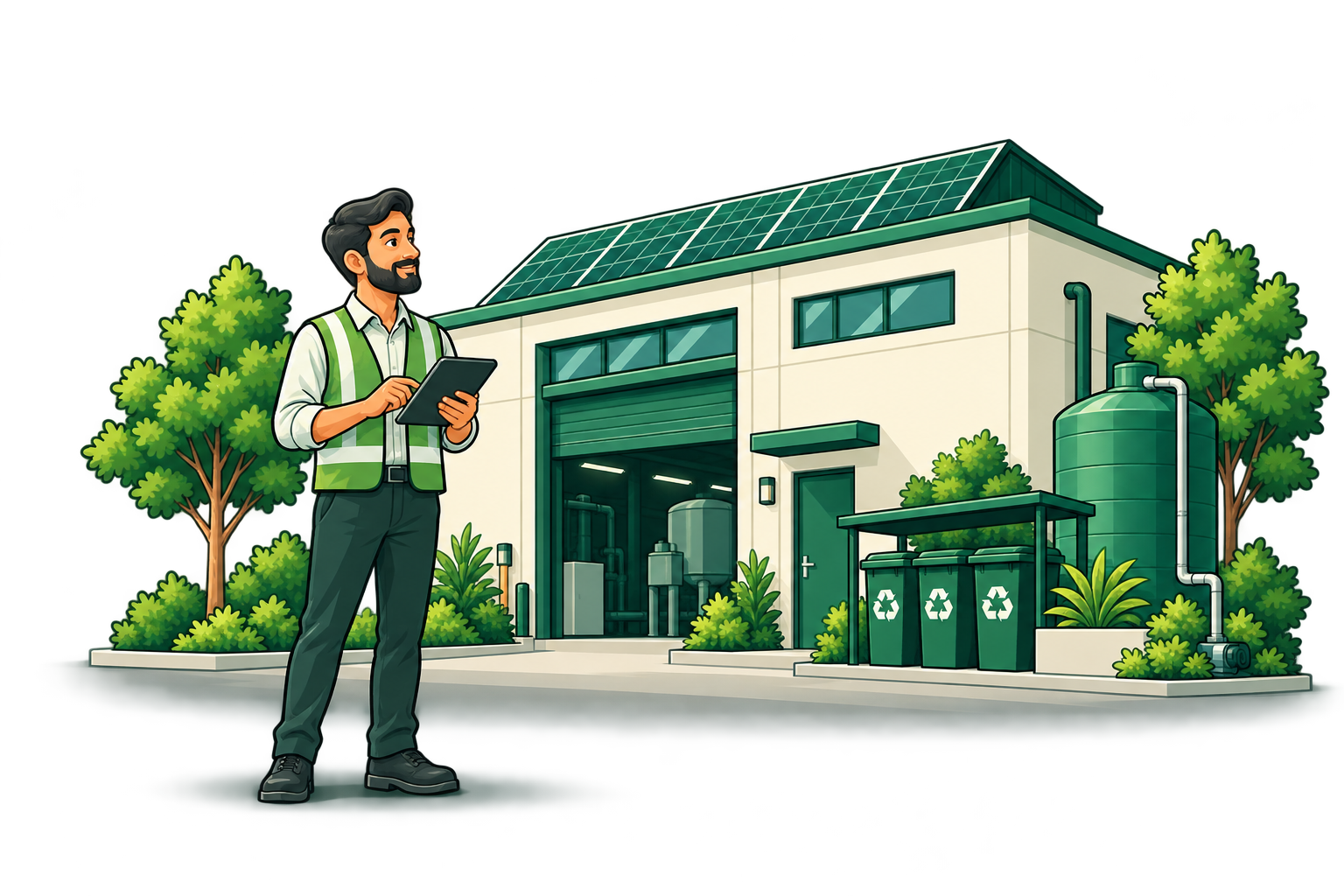Illustration of a facility professional beside a solar-powered industrial building, water tank and recycling bins