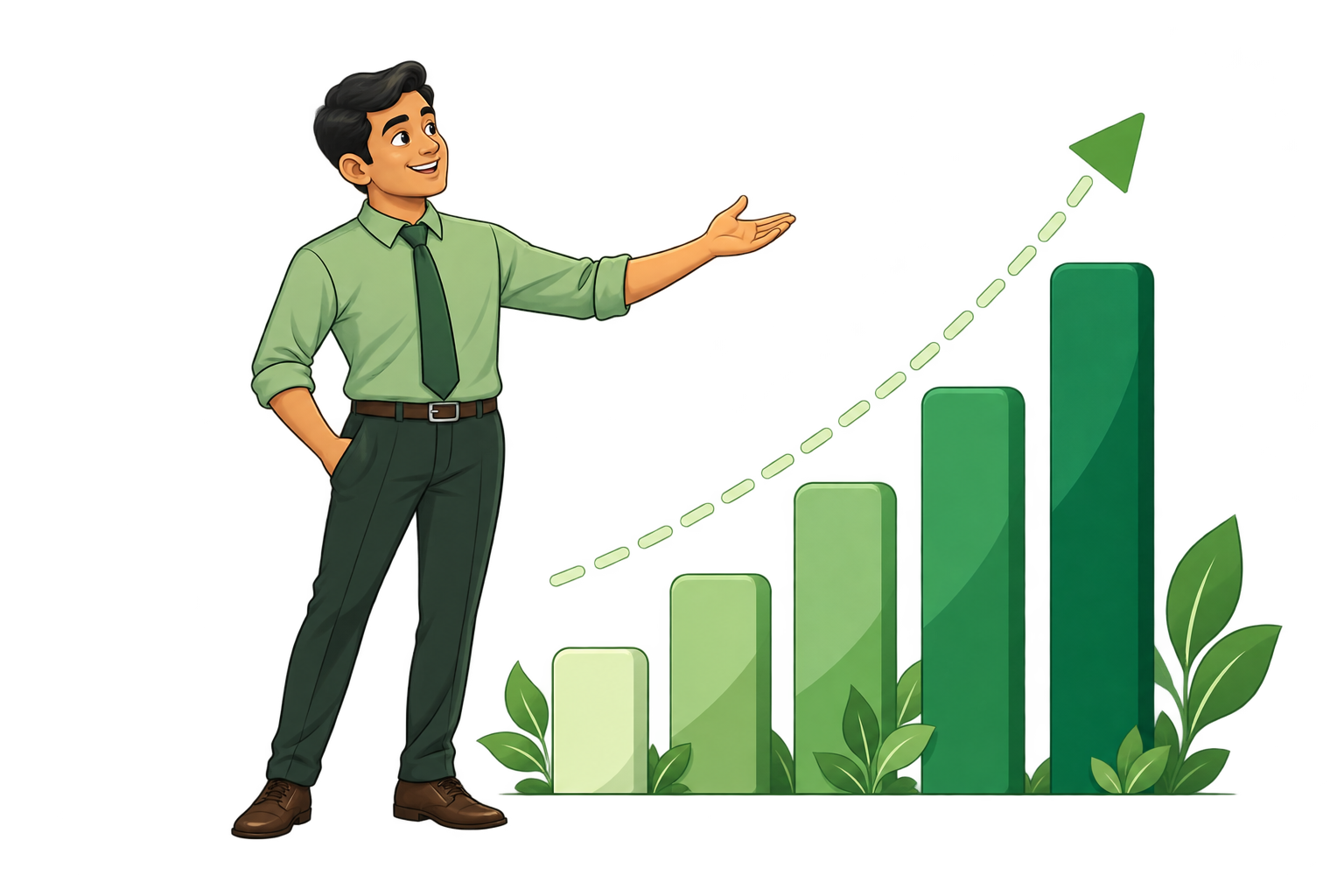 Happy professional looking at a symbolic graph projecting upward