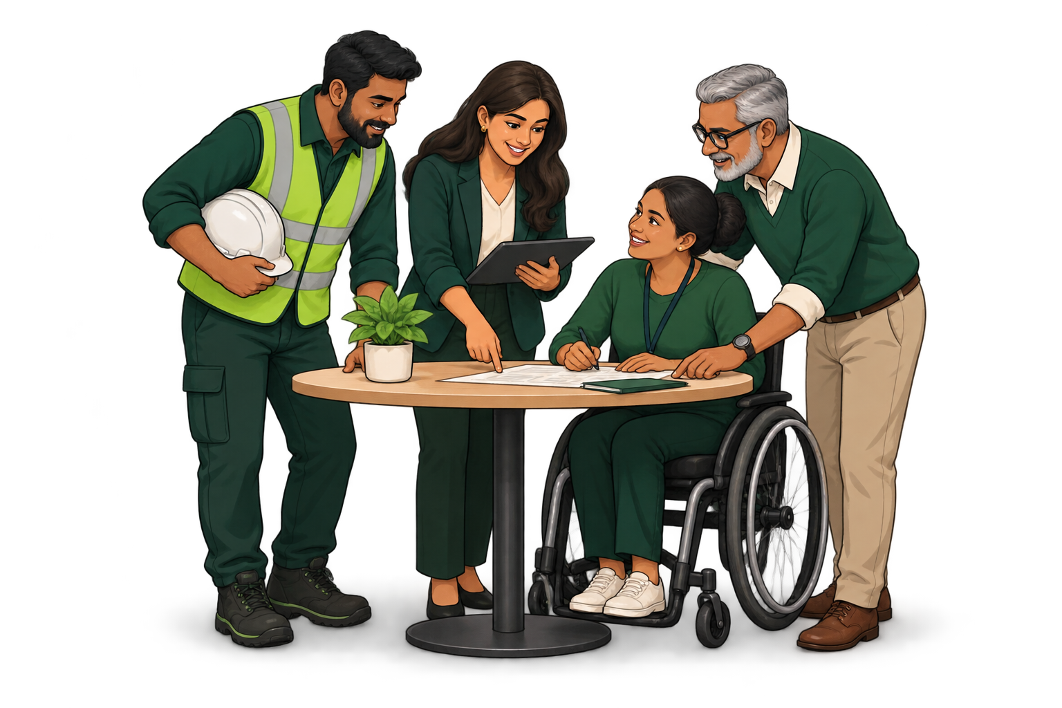 Cartoon of a diverse workplace team and safety representative reviewing a document together